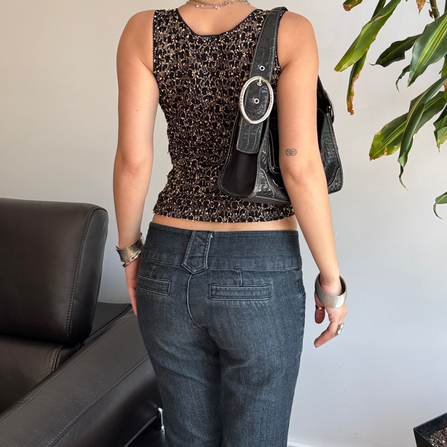 Black & Beige Lace-Up Embroidered Top