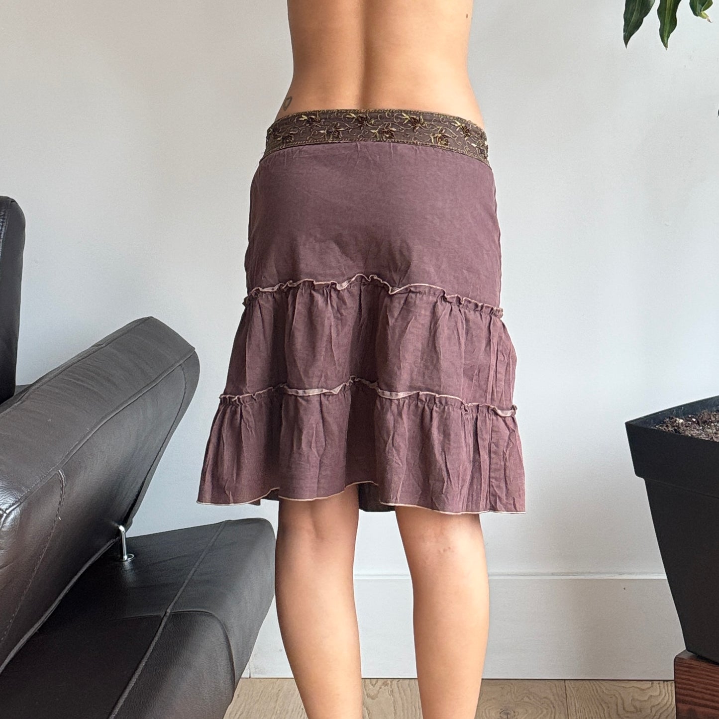 Brown Beaded Midi Skirt