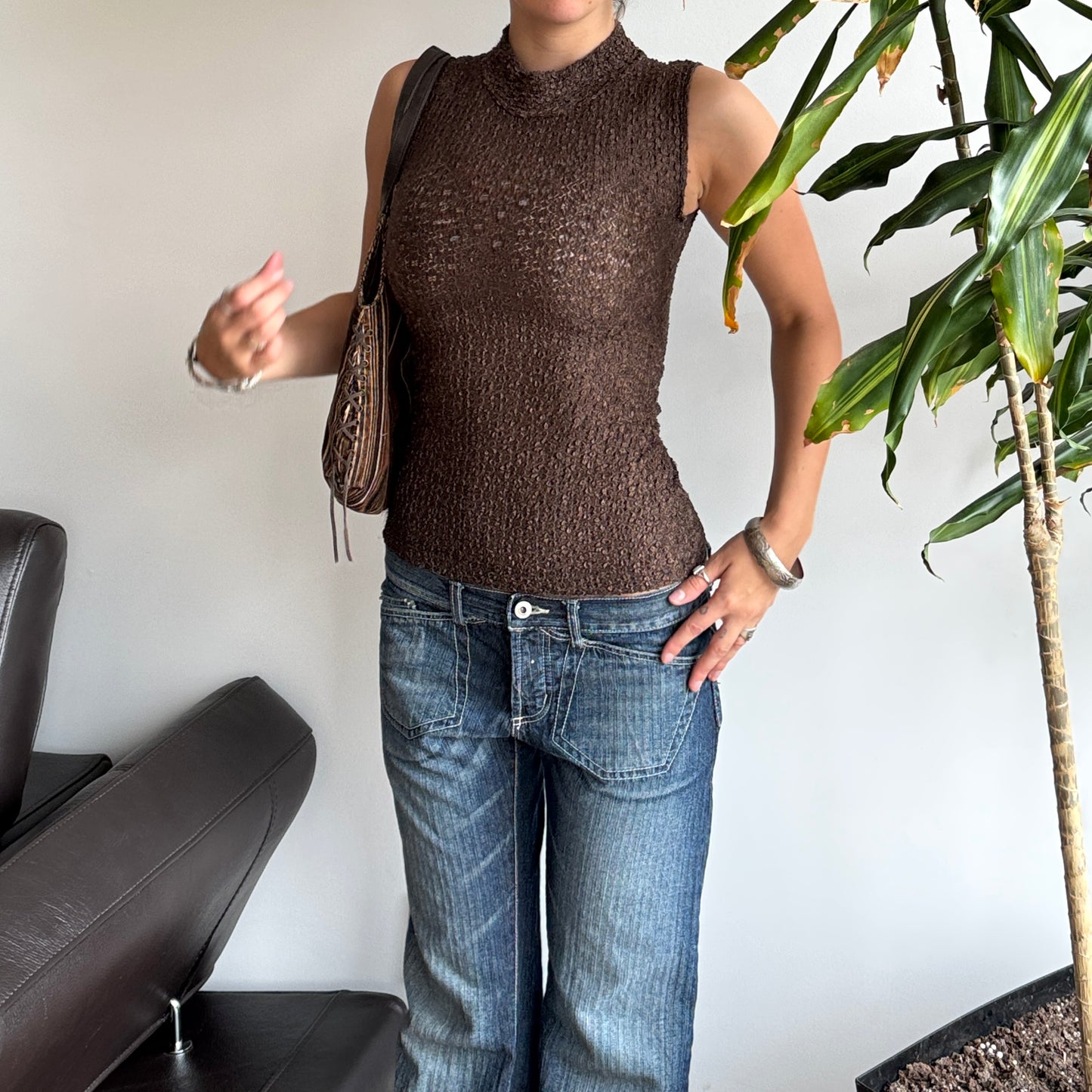 Brown Fitted High Neck Textured Top