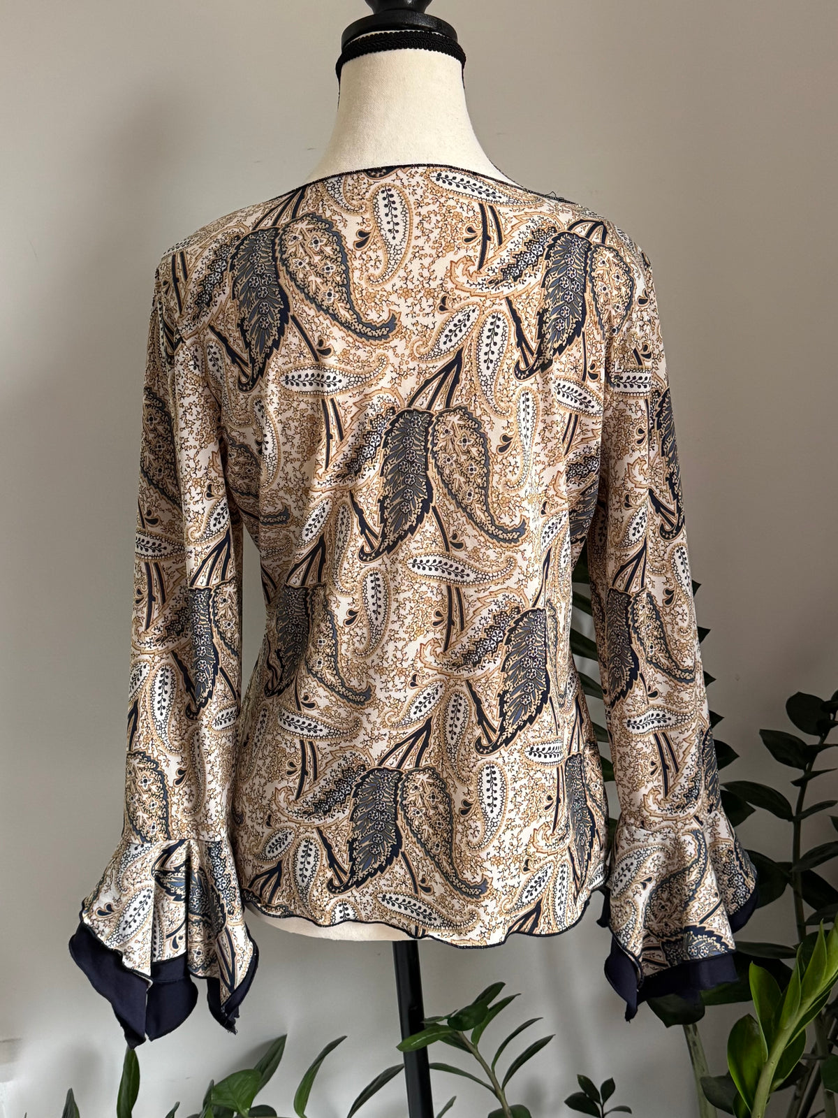 Beige & Navy Bell Sleeve Thrifted Top