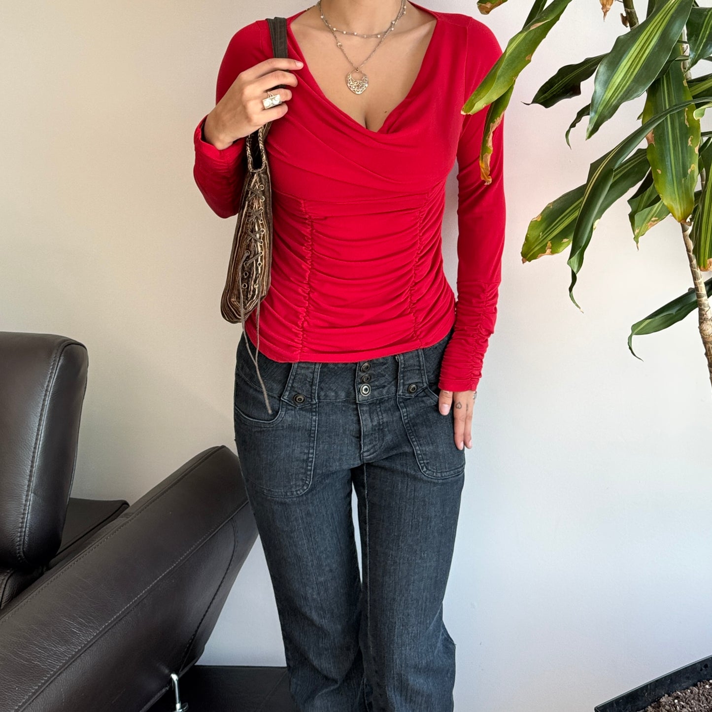 Red Cowlneck Ruched Top