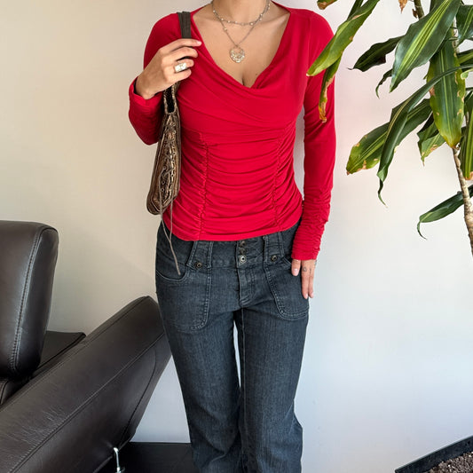 Red Cowlneck Ruched Top