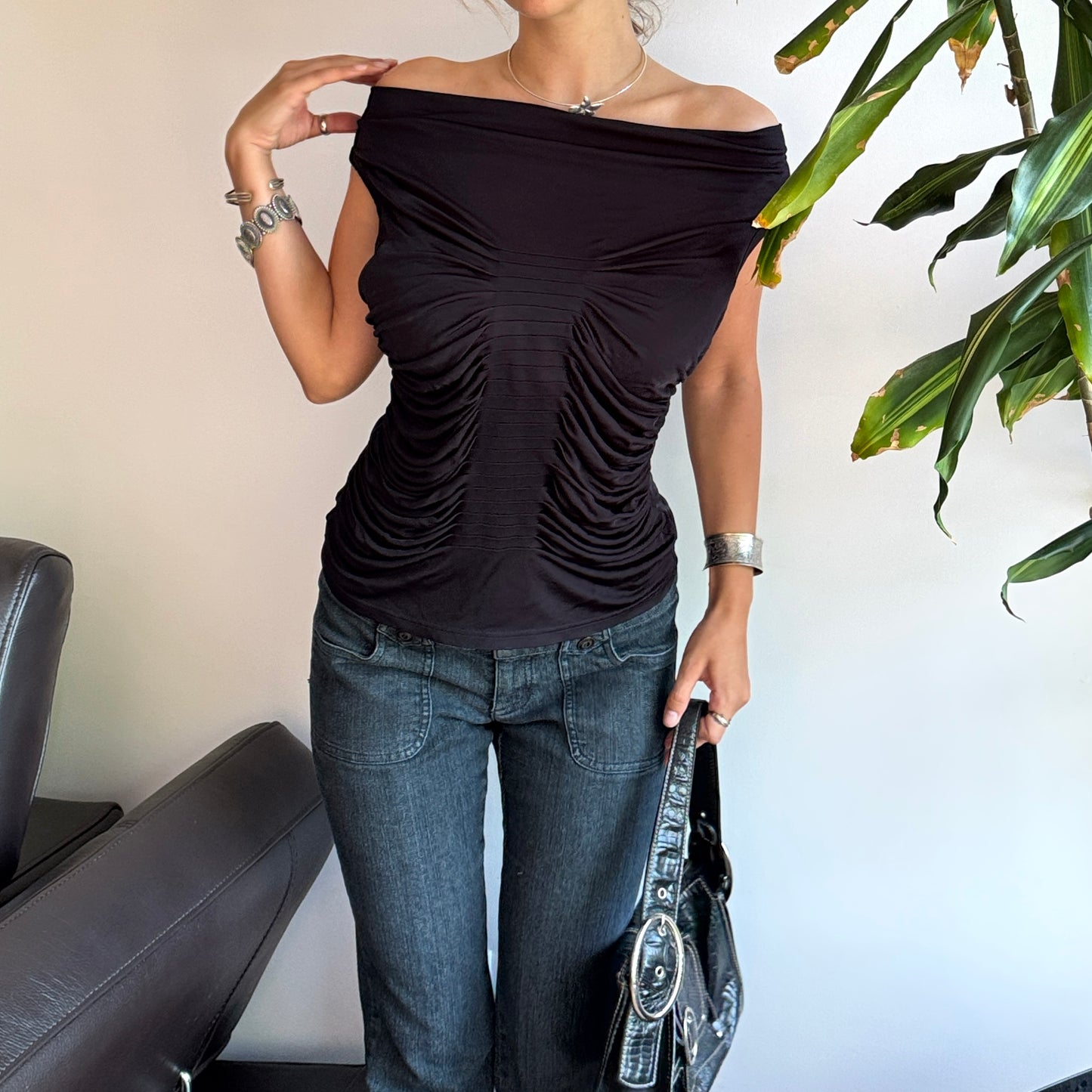 Black Off The Shoulder Ruched Top