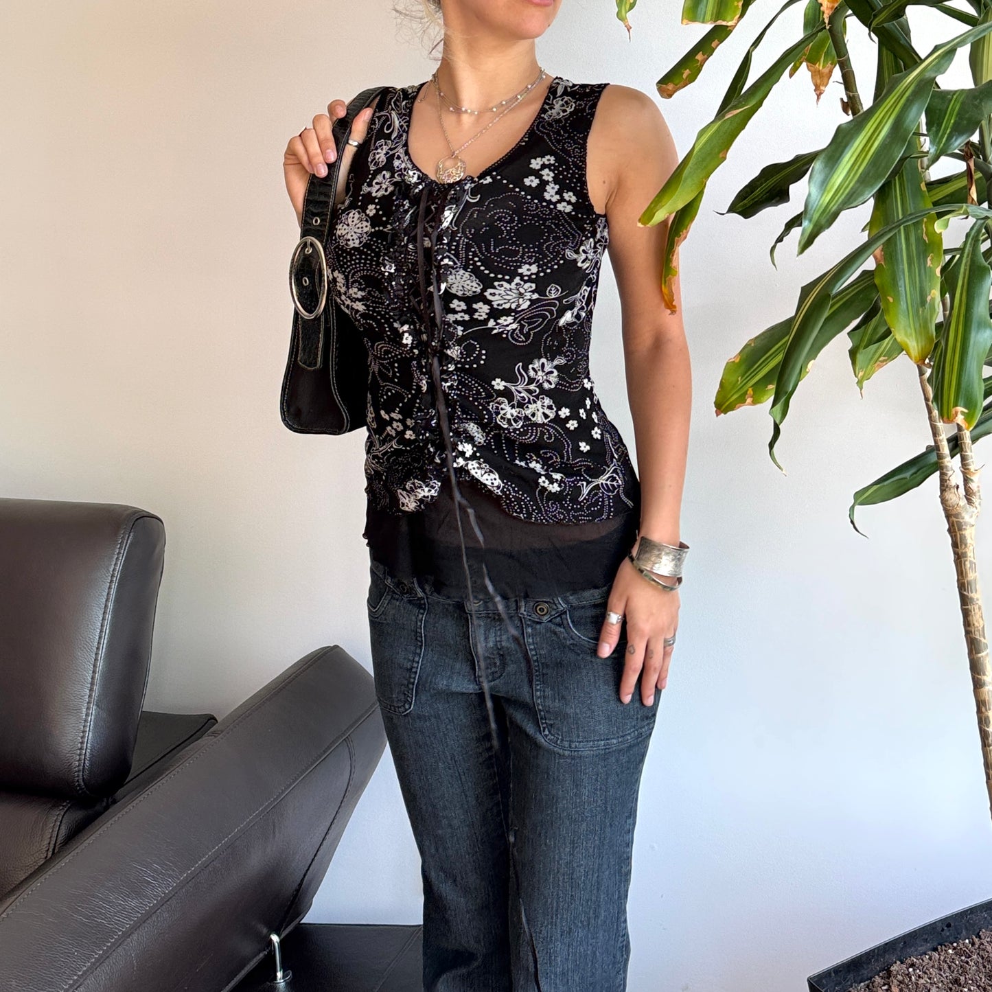 B&W Floral Lace-Up Front Top