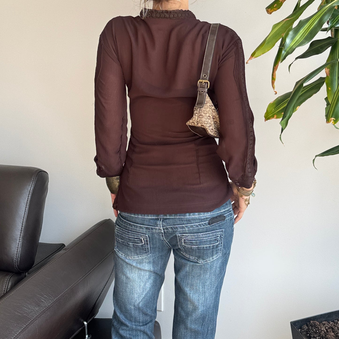 Dark Brown Mesh Lace Blouse