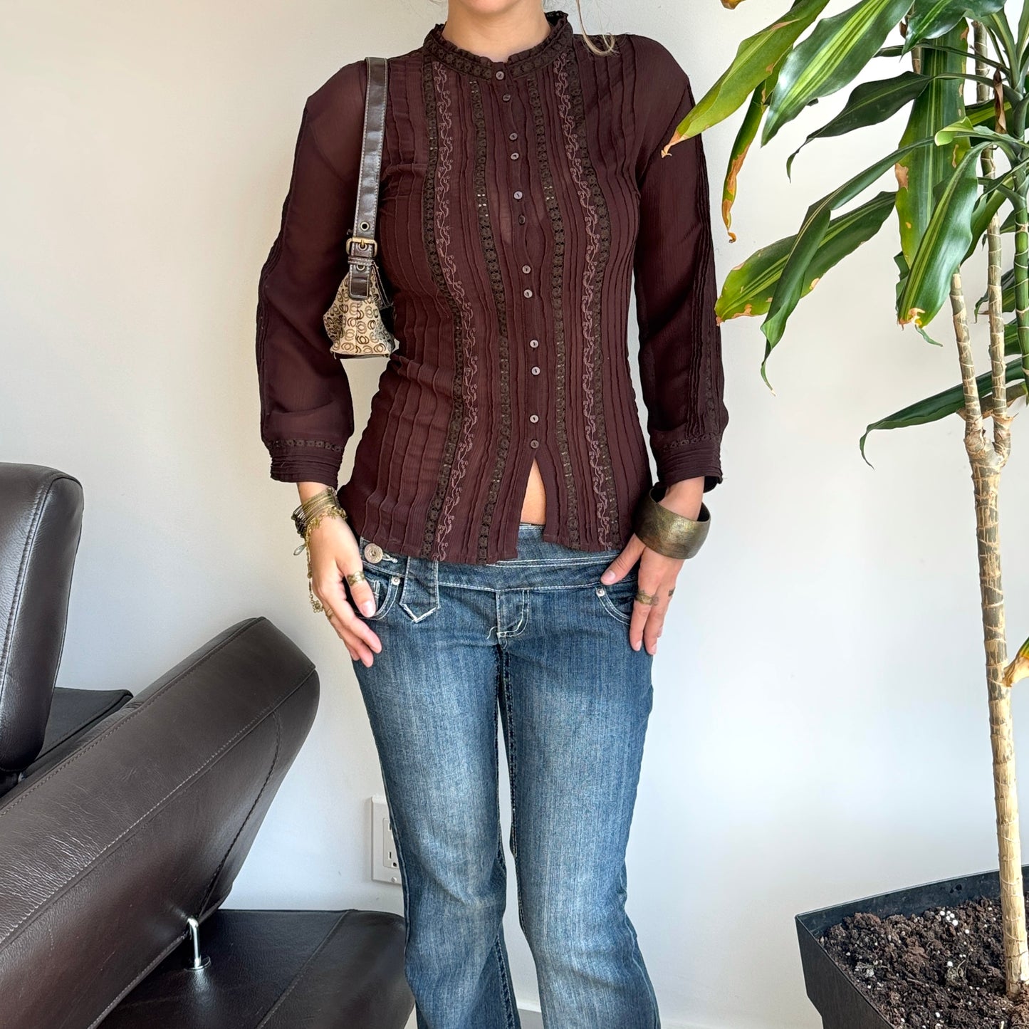 Dark Brown Mesh Lace Blouse