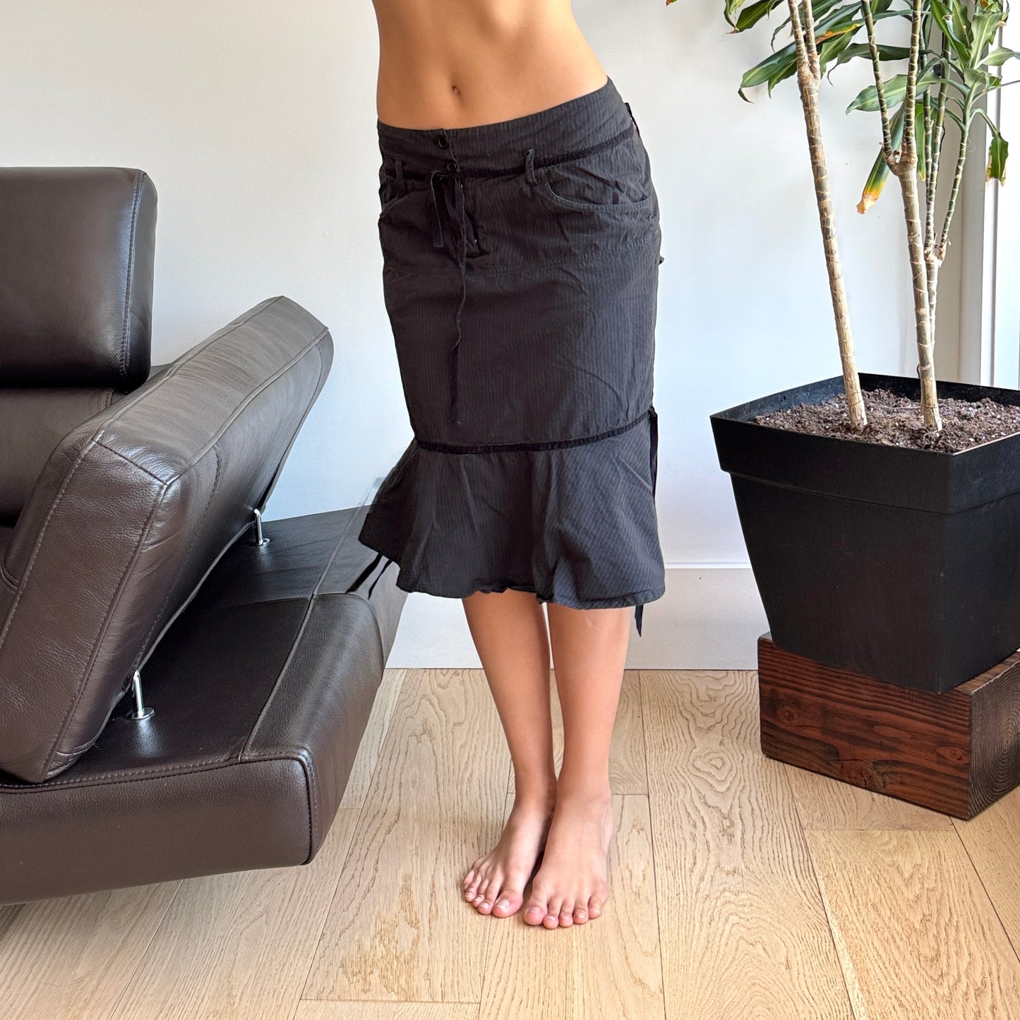 Grey & Black Striped Flounce Midi Skirt